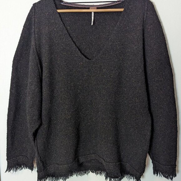 Free People Sweater Irresistible Fringe Wool-Linen V-Neck Marled Dark Brown - Picture 8 of 8